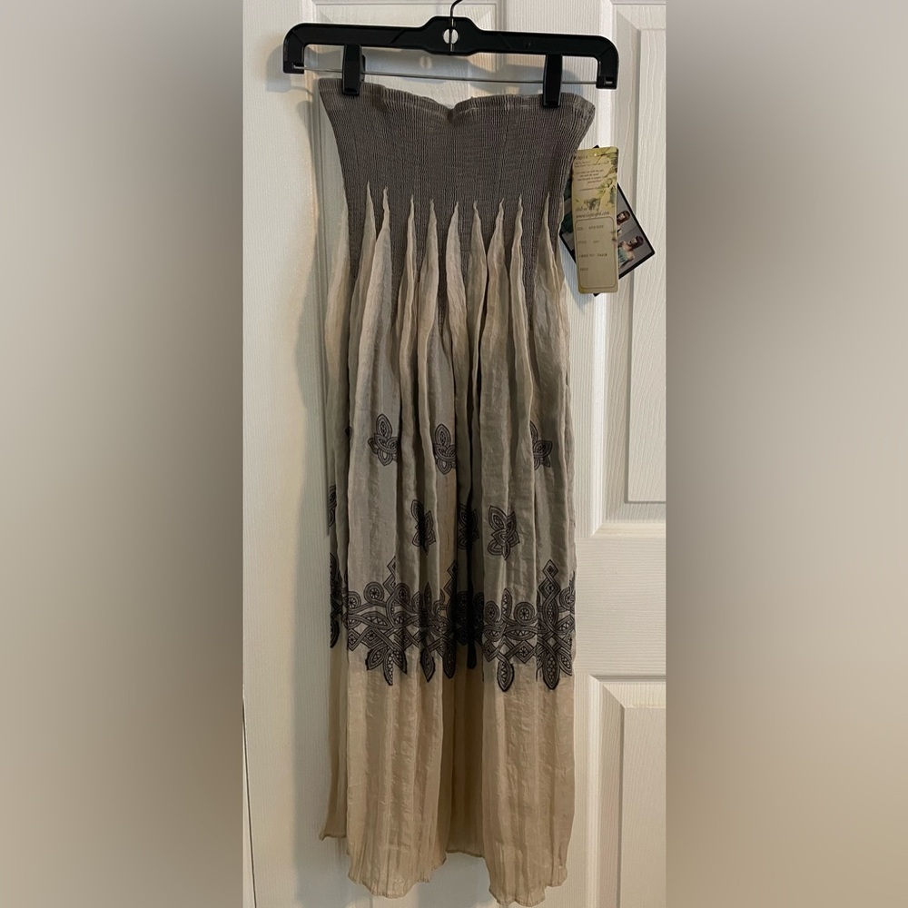 Lapis Boho Strapless Tan Dress / Skirt with Floral Embroidery. Slight shimmer